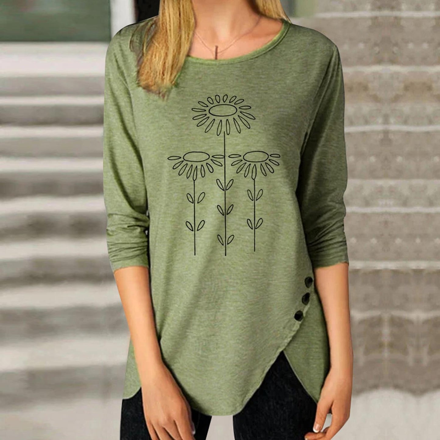 Fresh Round Neck Green Long Sleeve Top